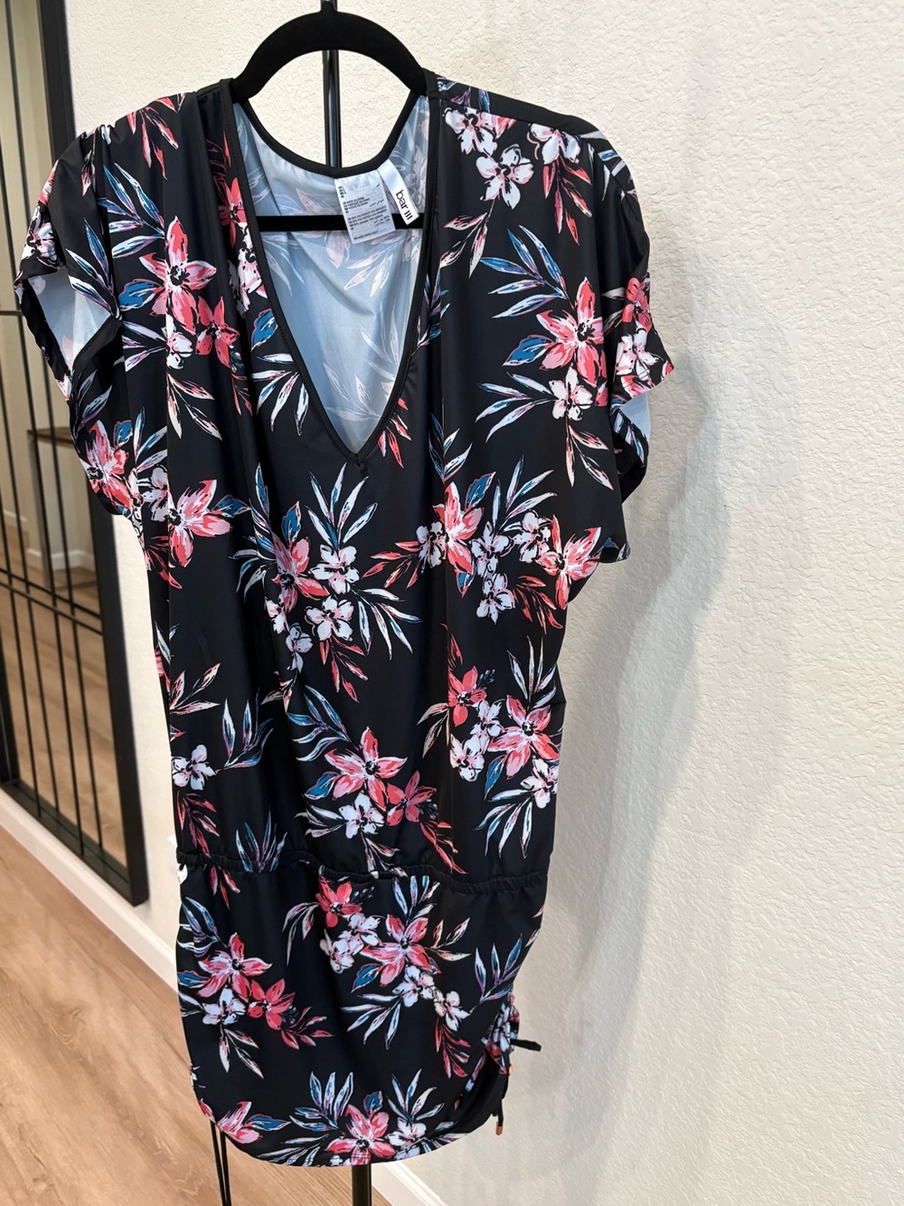 Bar III Black Floral Swimsuit coverup with Soft Pink & Light Blue Print